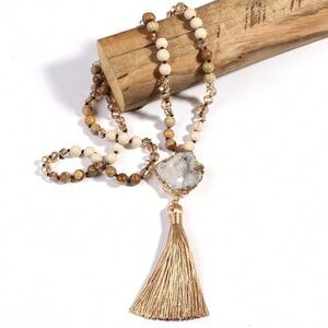 Luxe Druzy Beaded Glass Knot Tassel Long Wrap Necklace